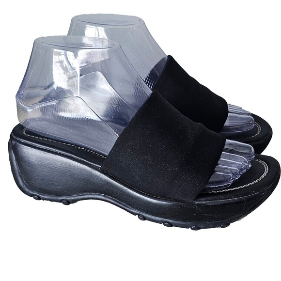 LOWER EAST SIDE Shoes - Vtg 90s Lower East Side Slide Sandals Womens Sz 7 Black Stretch Chunky Platform